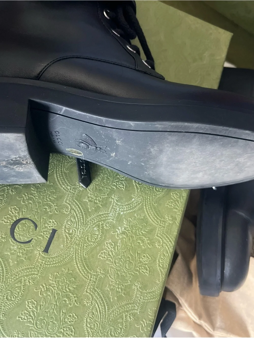 Gucci Black Leather Ankle Combat Boots with Gold Double-G Strap